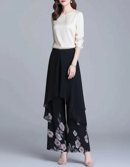 Pantalon Jupe Noir Fleurs Chiffon Ample Élégant - Polyester