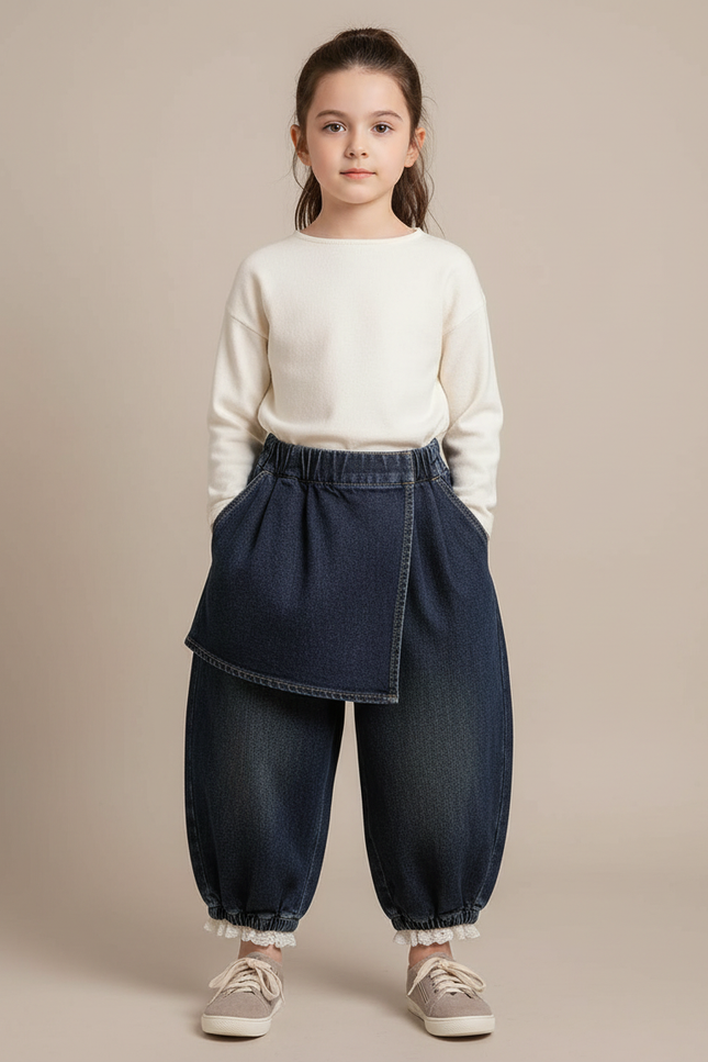 Pantalon Jupe Denim Ample Hiver Élastique Enfants - Marine Jean