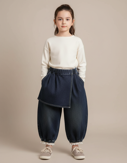 Pantalon Jupe Denim Ample Hiver Élastique Enfants - Marine Jean