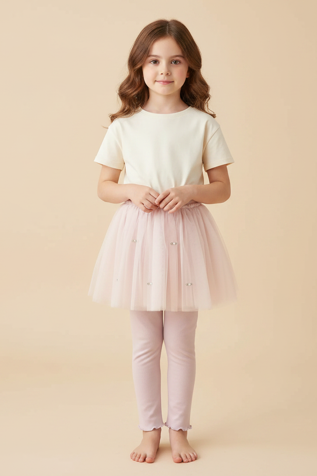 Pantalon Jupe Rose Tulle Perlée Fille Confortable - Coton