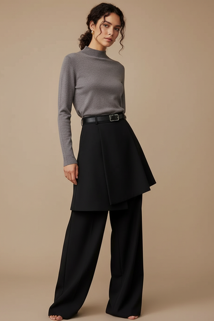 Pantalon Jupe Noir Ample Élégant Superposé Chic - Polyester