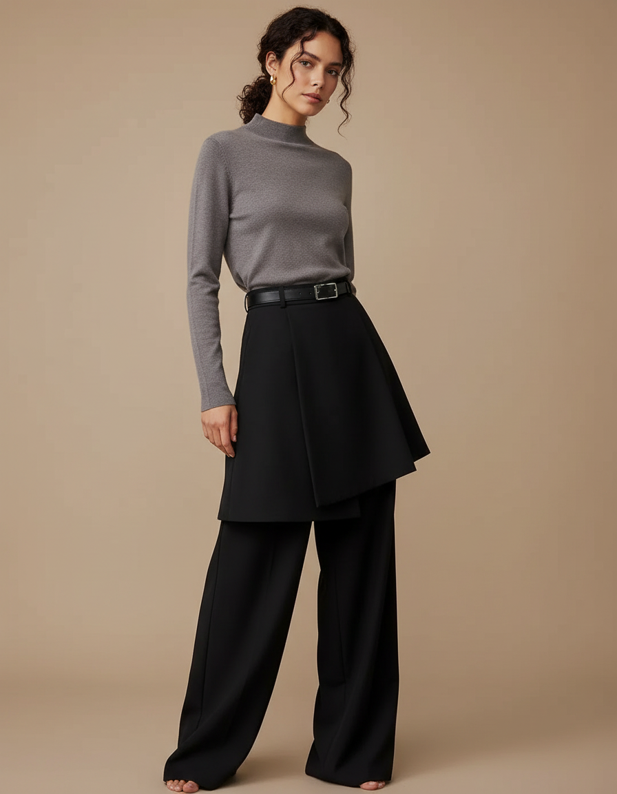 Pantalon Jupe Noir Ample Élégant Superposé Chic - Polyester