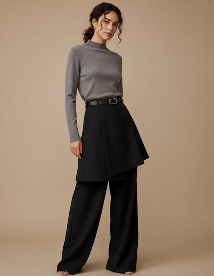 Pantalon Jupe Noir Ample Élégant Superposé Chic - Polyester