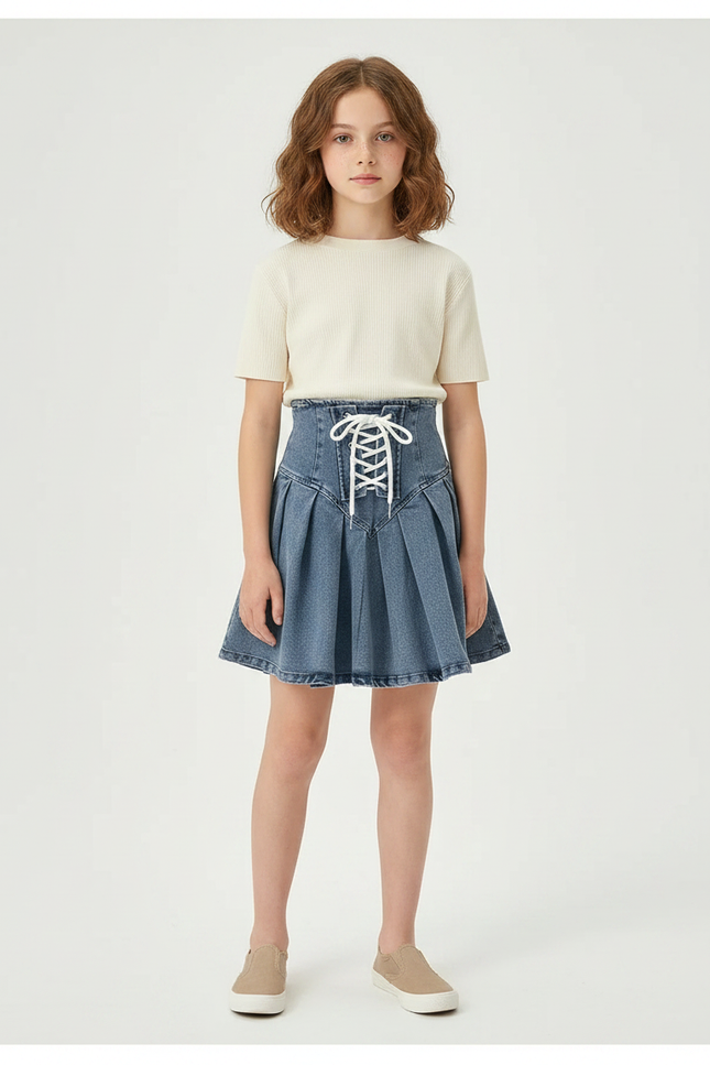 Pantalon Jupe Denim Plissé Taille Haute Lacets Fille - Bleu Jean