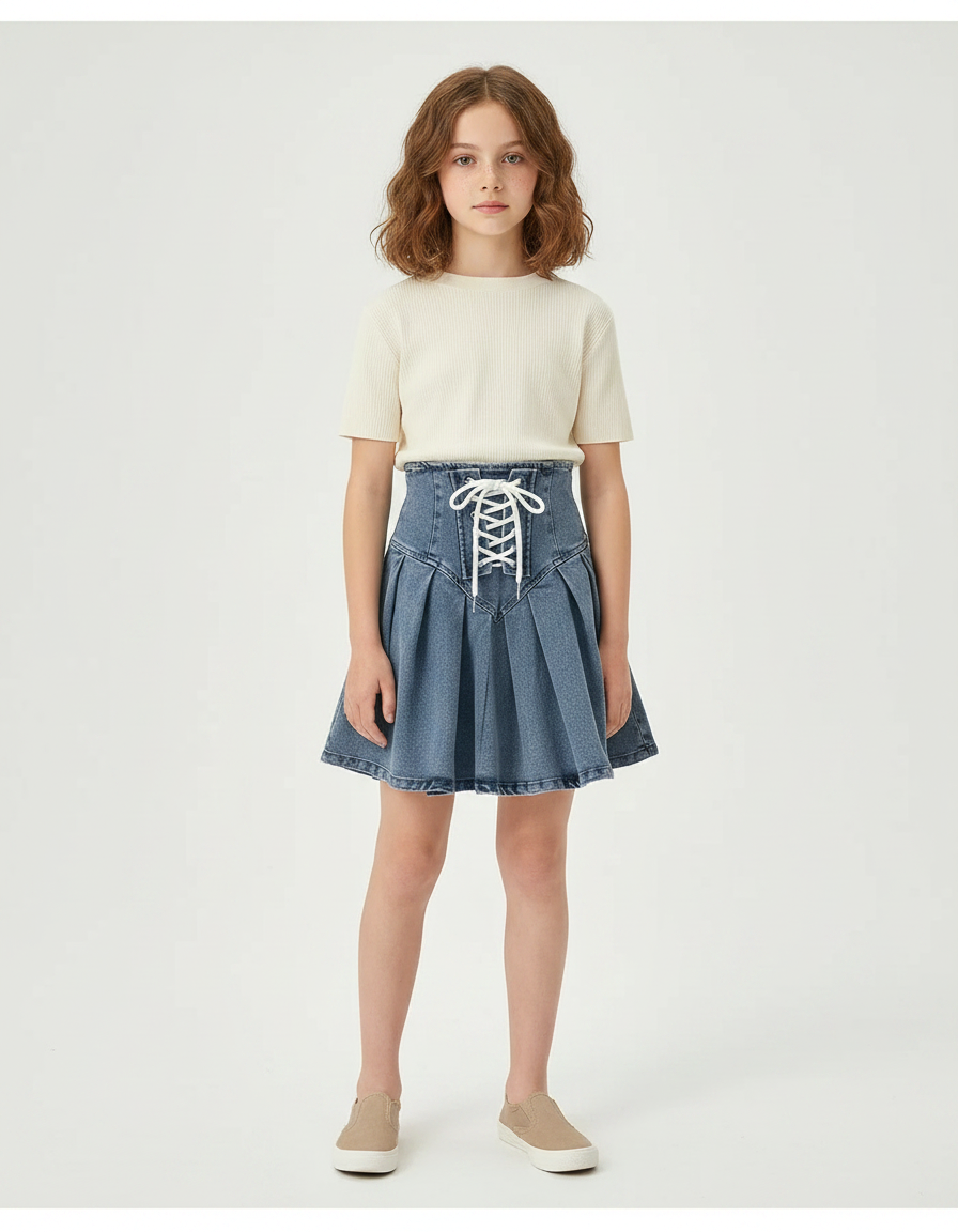 Pantalon Jupe Denim Plissé Taille Haute Lacets Fille - Bleu Jean