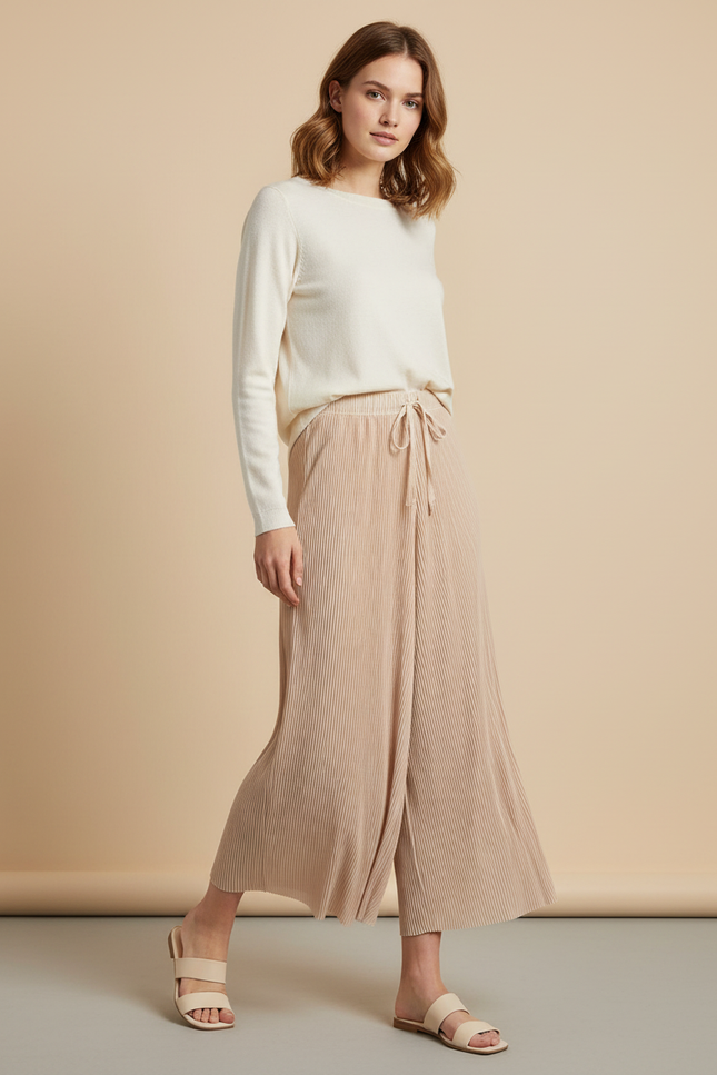 Pantalon Jupe Beige Plissé Fluide Ample Décontracté - Polyester