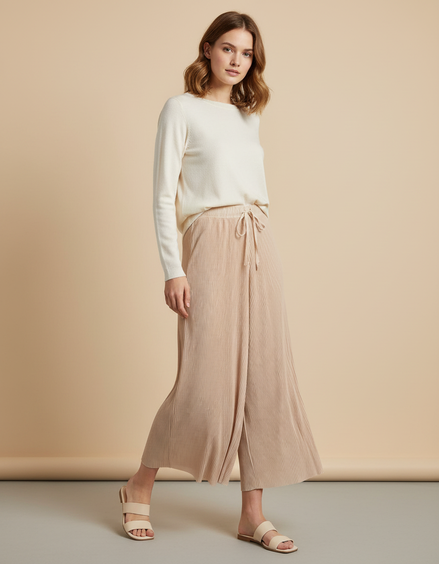Pantalon Jupe Beige Plissé Fluide Ample Décontracté - Polyester
