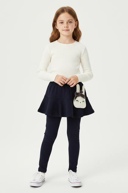 Pantalon Jupe Marine Volants Intégrés Confortable Fille - Maille