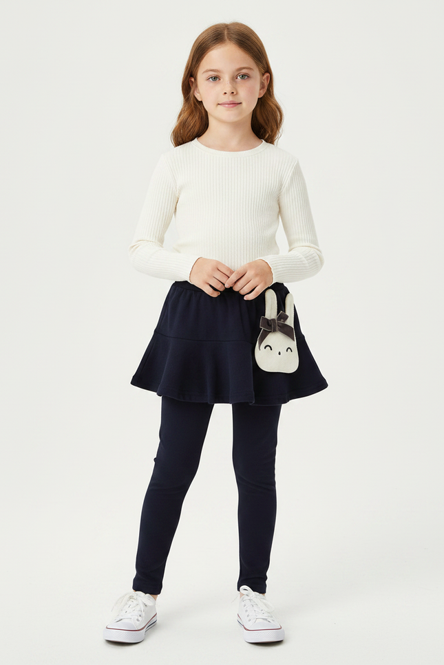 Pantalon Jupe Marine Volants Intégrés Confortable Fille - Maille