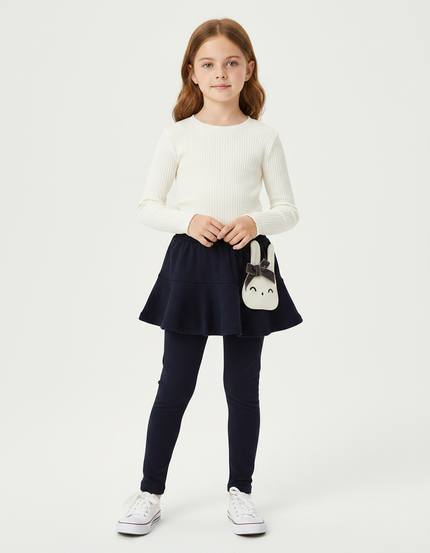 Pantalon Jupe Marine Volants Intégrés Confortable Fille - Maille