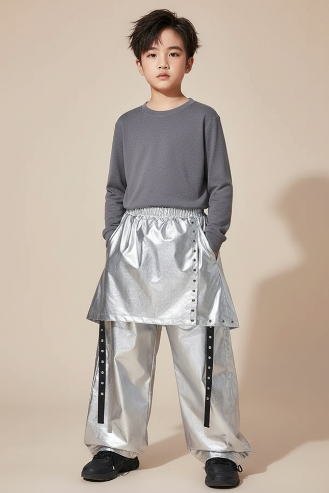 Pantalon Jupe Argenté Brillant Ample Futuriste Garçon - Polyester