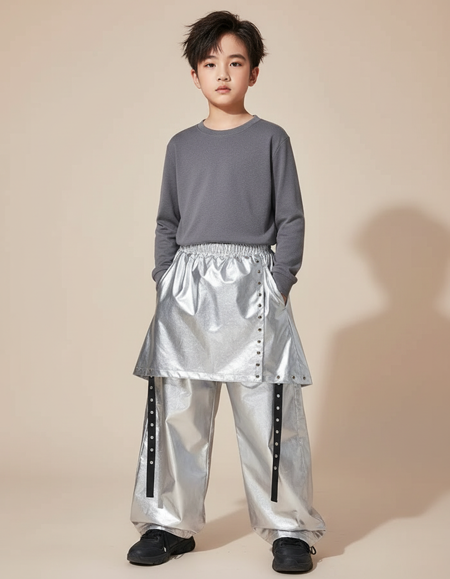 Pantalon Jupe Argenté Brillant Ample Futuriste Garçon - Polyester
