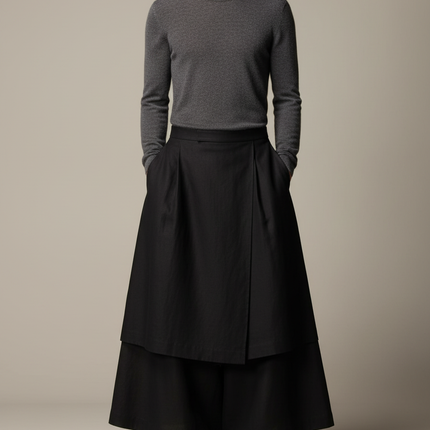 Pantalon Jupe Noir Ample Asymétrique Fluide Unisexe - Gabardine
