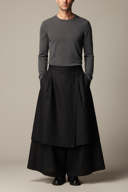 Pantalon Jupe Noir Ample Asymétrique Fluide Unisexe - Gabardine