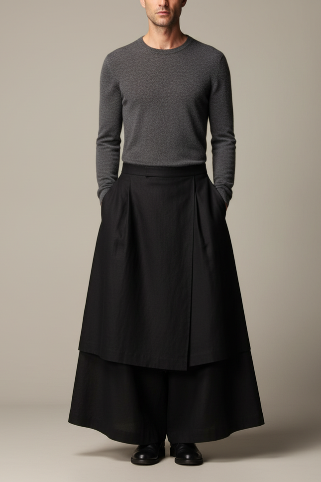 Pantalon Jupe Noir Ample Asymétrique Fluide Unisexe - Gabardine