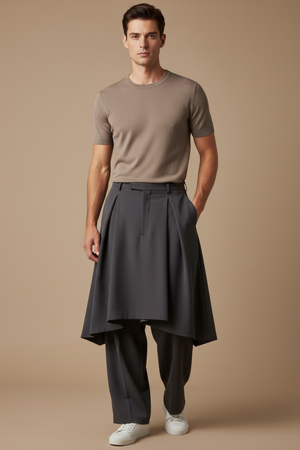 Pantalon Jupe Gris Plissé Ample Superposé Homme - Polyester