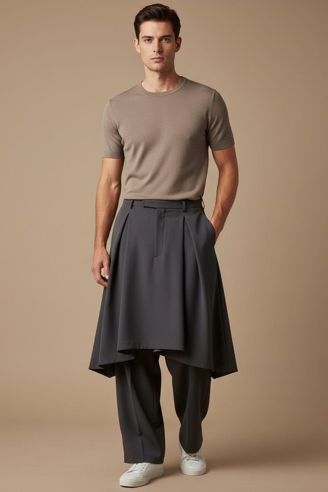 Pantalon Jupe Gris Plissé Ample Superposé Homme - Polyester
