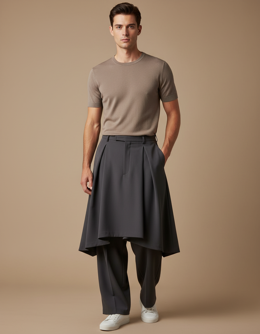 Pantalon Jupe Gris Plissé Ample Superposé Homme - Polyester