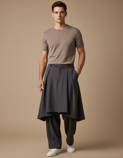Pantalon Jupe Gris Plissé Ample Superposé Homme - Polyester