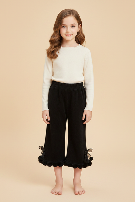 Pantalon Jupe Noir Côtelé Évasé Pompons Fille - Maille