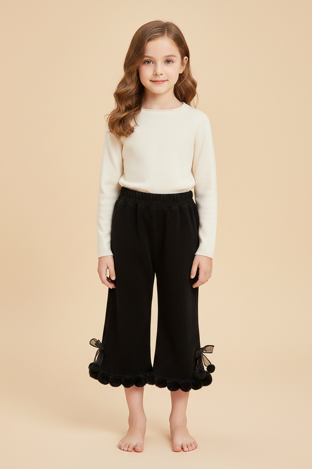 Pantalon Jupe Noir Côtelé Évasé Pompons Fille - Maille