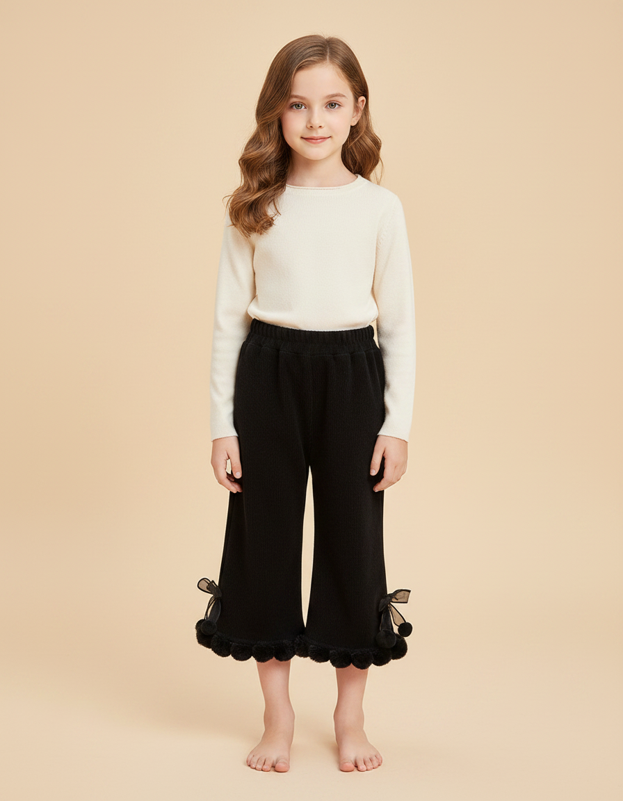 Pantalon Jupe Noir Côtelé Évasé Pompons Fille - Maille