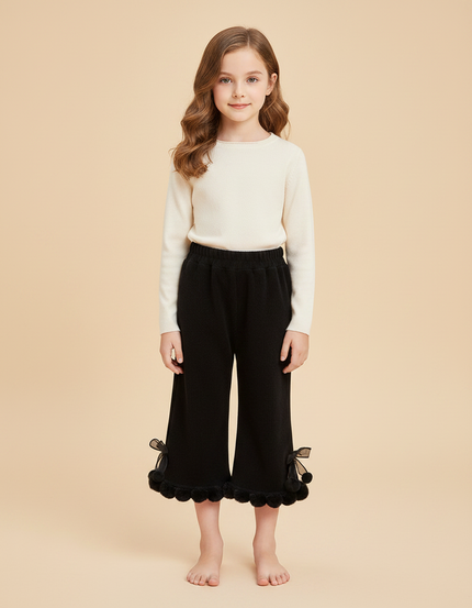Pantalon Jupe Noir Côtelé Évasé Pompons Fille - Maille