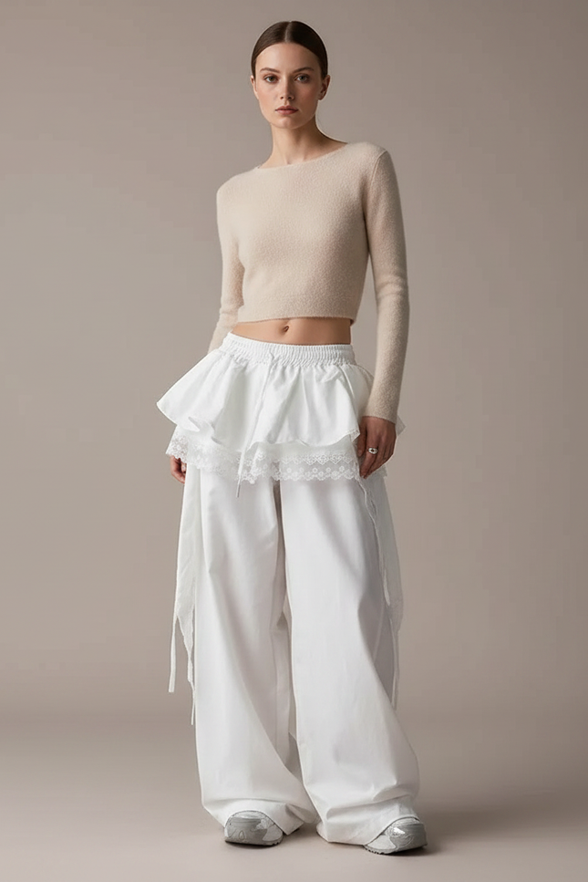 Pantalon Jupe Blanc Superposé Fluide Ample Décontracté Dentelle - Toile