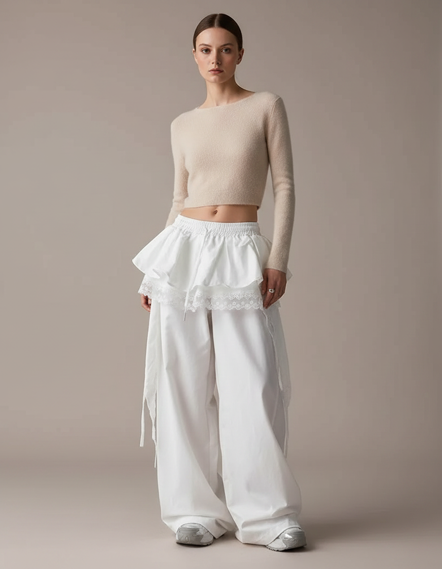Pantalon Jupe Blanc Superposé Fluide Ample Décontracté Dentelle - Toile