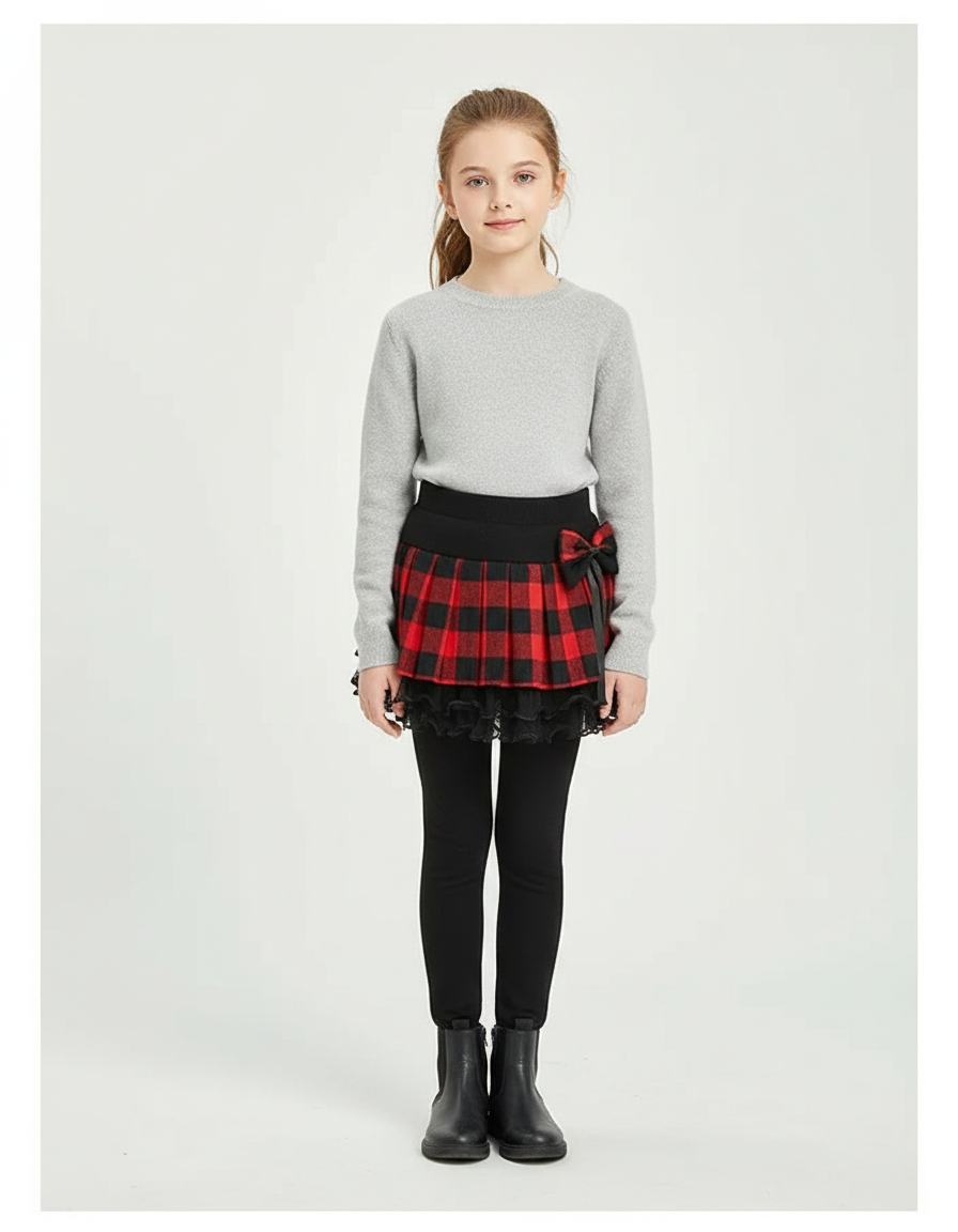 Pantalon Jupe Carreaux Rouge Noir Plissé Chaud Fille - Molleton