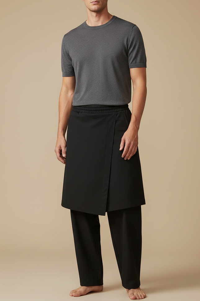 Pantalon Jupe Noir Superposé Ample Décontracté Fluide - Polyester