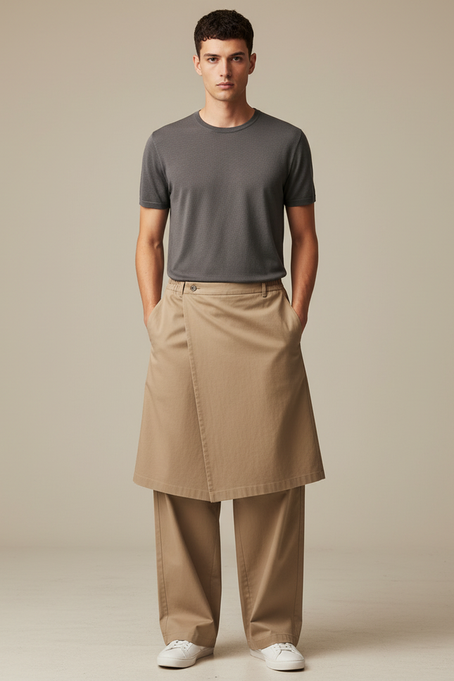 Pantalon Jupe Beige Coton Droit Superposé Homme