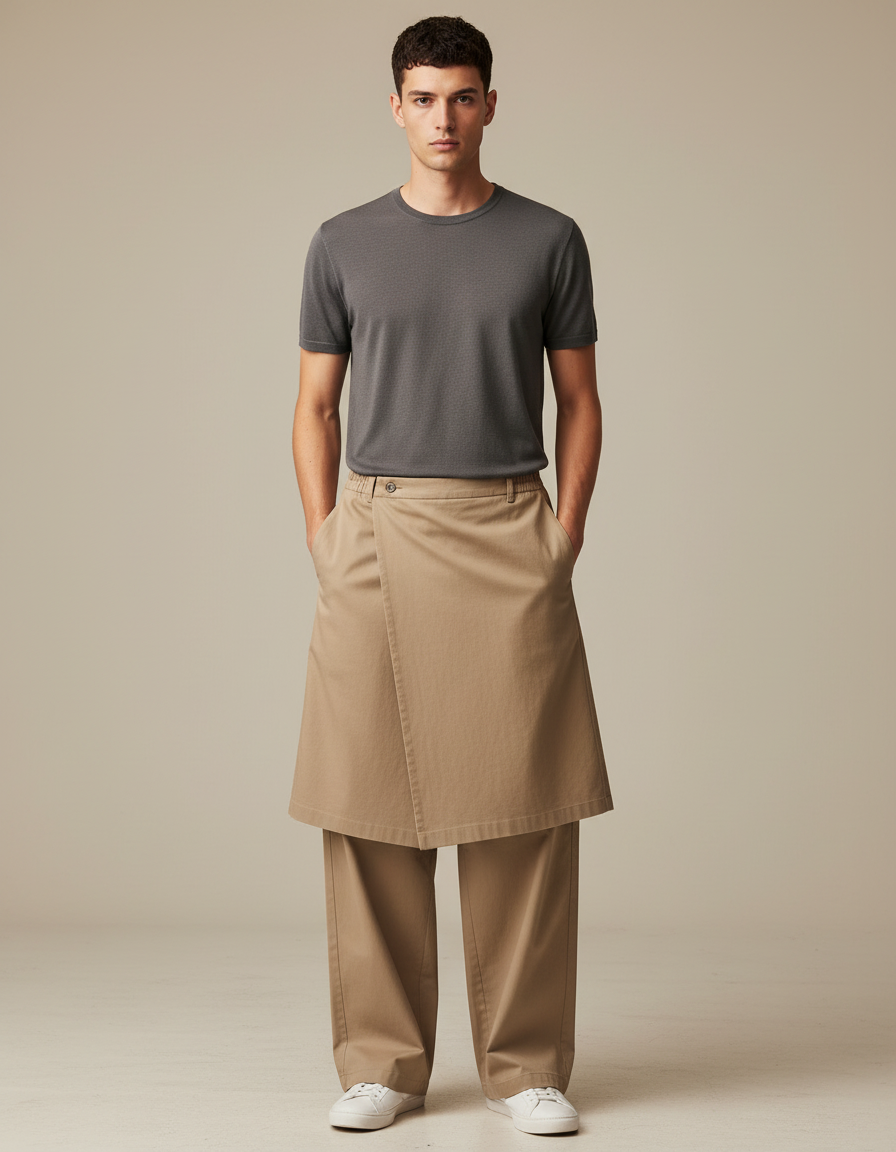 Pantalon Jupe Beige Coton Droit Superposé Homme