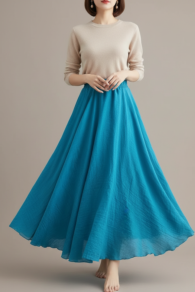 Pantalon Jupe Bleu Ciel Ample Lin Fluide Longue