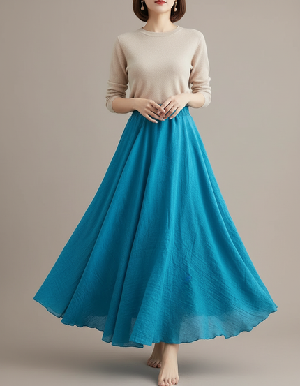 Pantalon Jupe Bleu Ciel Ample Lin Fluide Longue