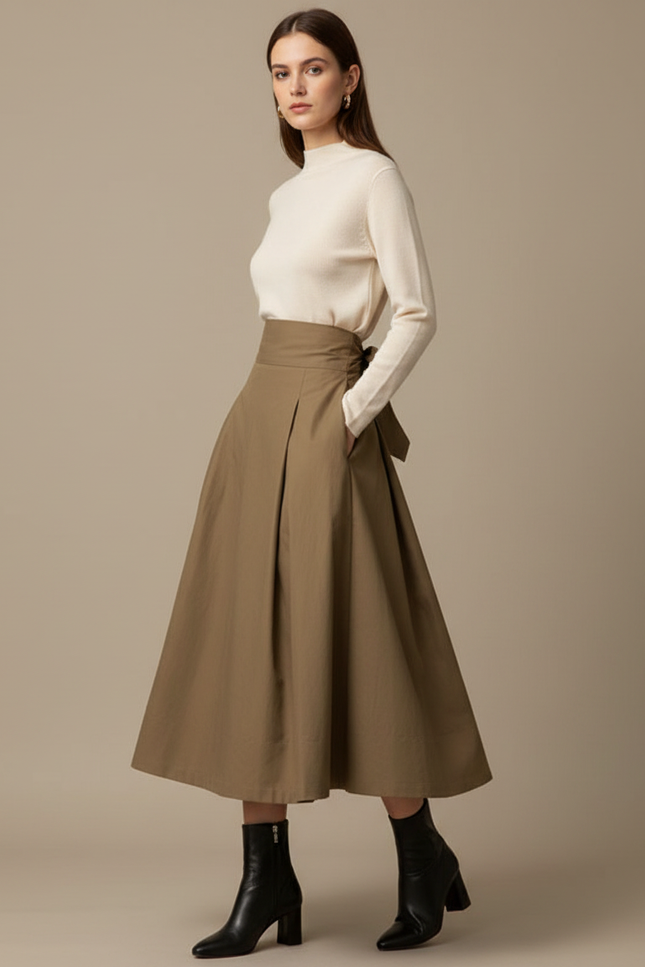 Pantalon Jupe Marron Plissé Longue Ceinture Nœud Élégante - Kaki Gabardine