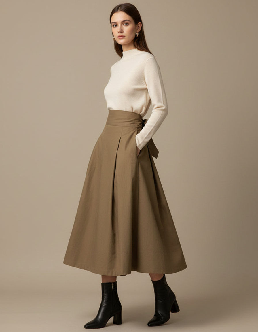 Pantalon Jupe Marron Plissé Longue Ceinture Nœud Élégante - Kaki Gabardine