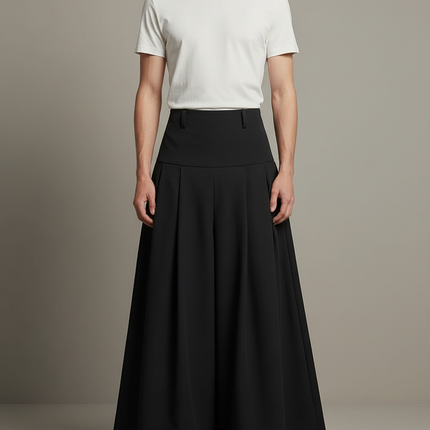 Pantalon Jupe Noir Plissé Ample Long Homme - Polyester