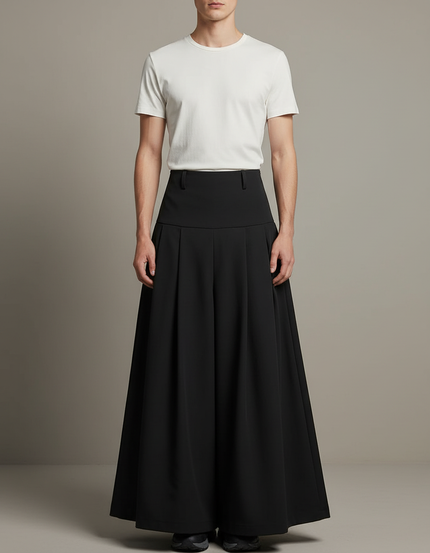 Pantalon Jupe Noir Plissé Ample Long Homme - Polyester