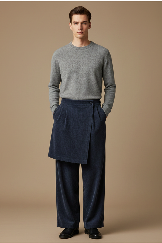 Pantalon Jupe Bleu Marine Côtelé Ample Superposé Homme - Cordé