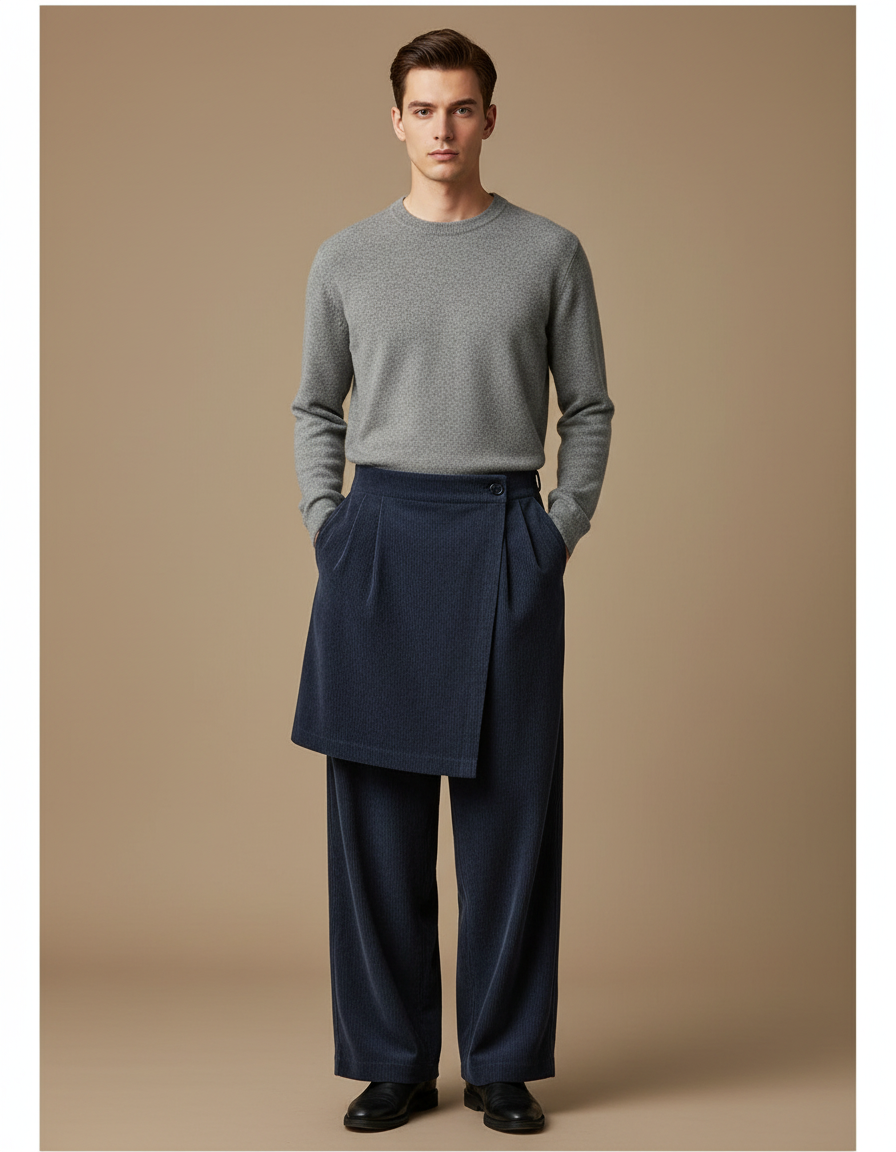 Pantalon Jupe Bleu Marine Côtelé Ample Superposé Homme - Cordé