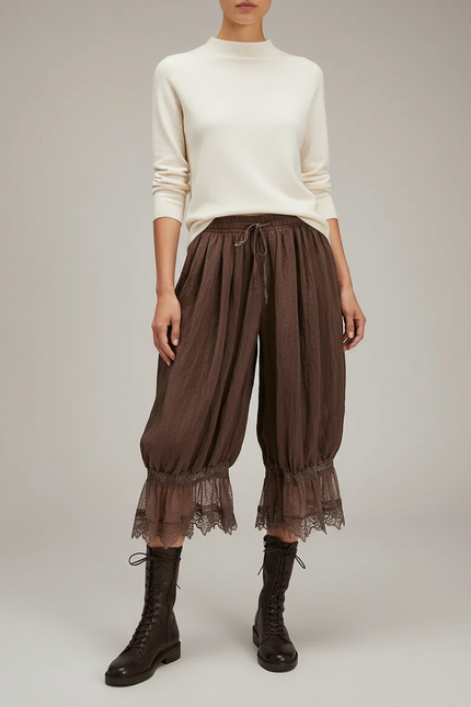 Pantalon Jupe Marron Ample Dentelle Bohème Court - Lin