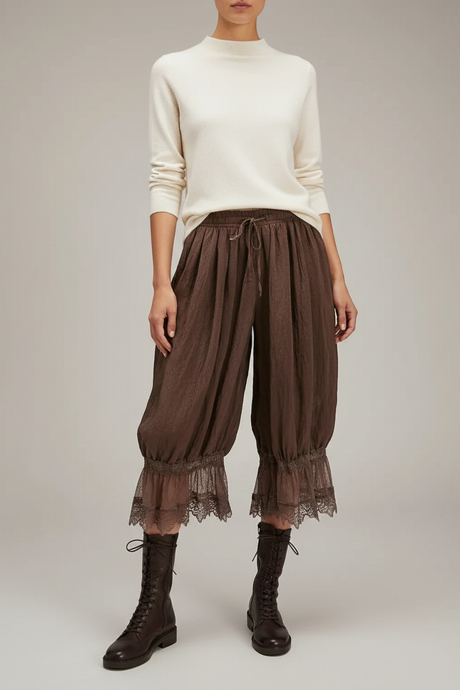 Pantalon Jupe Marron Ample Dentelle Bohème Court - Lin
