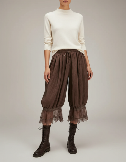 Pantalon Jupe Marron Ample Dentelle Bohème Court - Lin