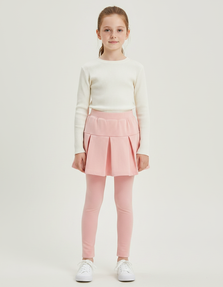 Pantalon Jupe Rose Plissé Intégré Confortable Fille - Molleton