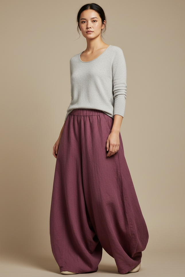 Pantalon Jupe Bordeaux Ample Lin Fluide Élégant