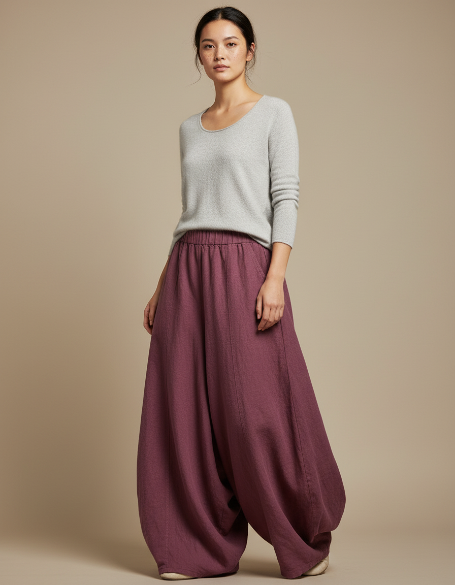 Pantalon Jupe Bordeaux Ample Lin Fluide Élégant