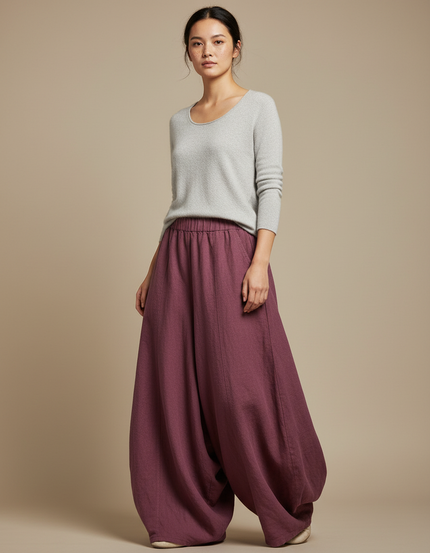 Pantalon Jupe Bordeaux Ample Lin Fluide Élégant