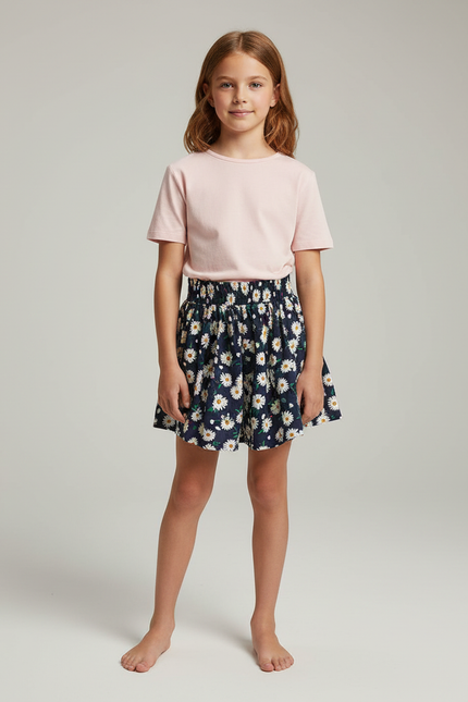 Pantalon Jupe Bleu Marine Fleuri Élastique Confortable Fille - Coton