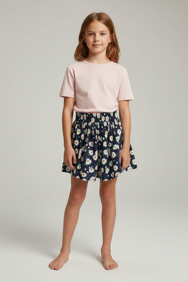 Pantalon Jupe Bleu Marine Fleuri Élastique Confortable Fille - Coton